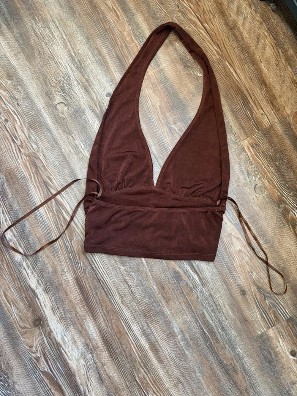 Brown Ruched Halter Crop Top - Picture 3 of 7
